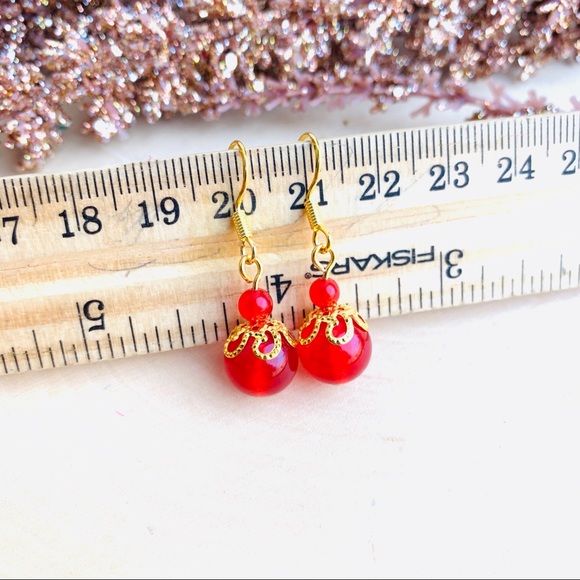 Red Jade Gold Drop Earrings - Picture 3 of 7